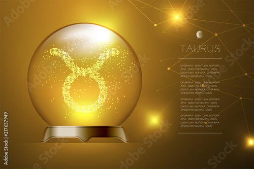 Taurus Zodiac sign in Magic glass ball, Fortune teller concept design illustration on gold gradient background with copy space, vector eps 10