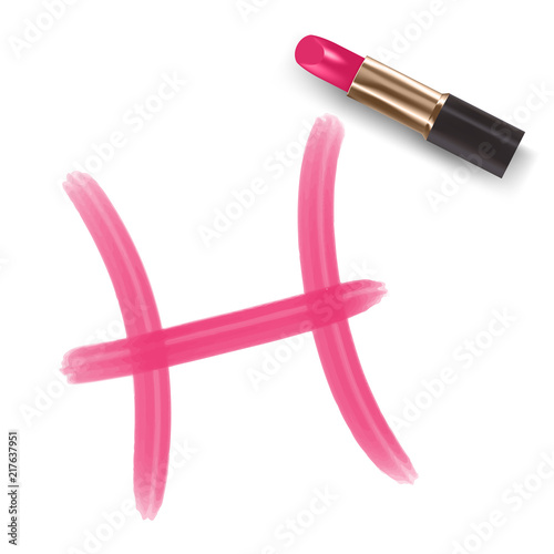 Pisces Zodiac sign write by Lipstick pink color illustration, star constellation concept design isolated on white background, with copy space