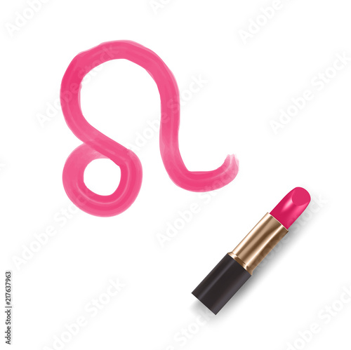 Leo Zodiac sign write by Lipstick pink color illustration, star constellation concept design isolated on white background, with copy space