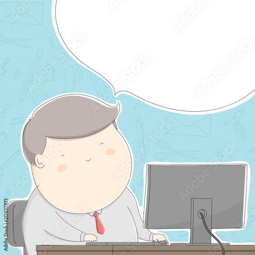 Fat office man character happy with work, Lifestyle concept design illustration isolated on stationary pattern yellow pastel color background with speech bubble copy space, vector eps 10