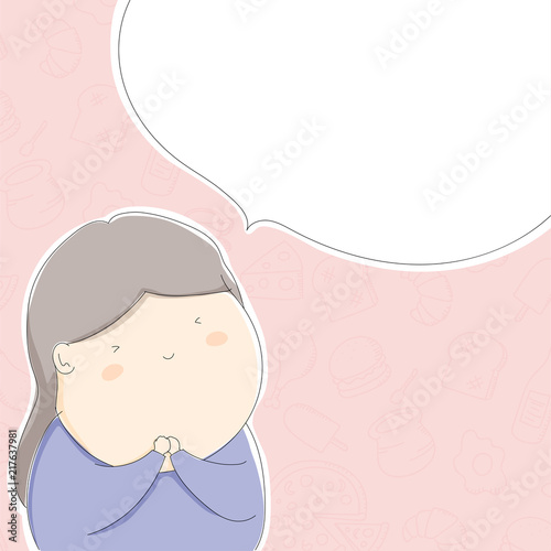 Fat woman character happy with food, Lifestyle concept design illustration isolated on food pattern pink pastel color background with speech bubble copy space, vector eps 10