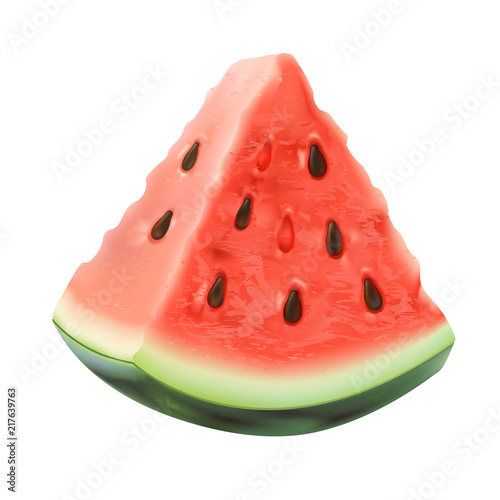 Watermelon is a slice piece of realistic 3D, triangular, juicy fruit.