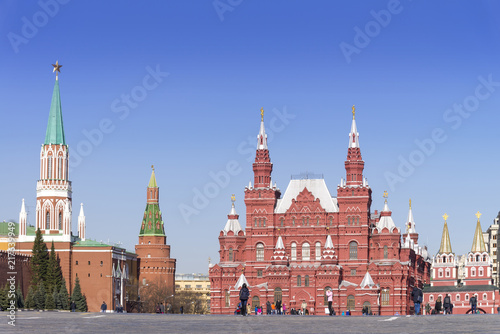 The State Historical Museum of Russia View from red square to Kremlin wall, it's the museum of Russian history. between Red Squarein Moscow, Russia.