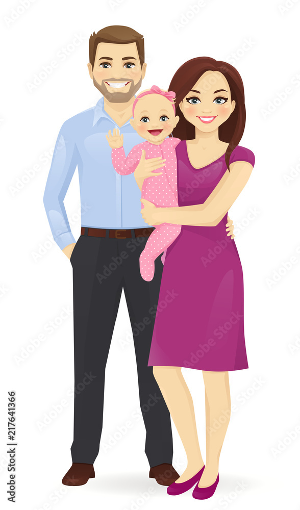Young parents with newborn baby vector illustration isolated. Happy family portrait. Mother and father with daughter Young parents with newborn baby vector illustration isolated. Happy family portrait. Mother and father with daughter