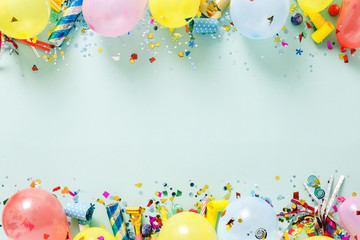 Flat lay decoration party pastel blue background top view