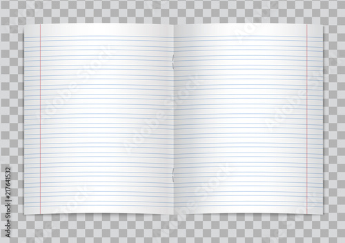 Vector opened realistic lined elementary school copybook with red margins on transparent background. Mockup or template of blank lined opened pages of notebook or exercise book with staples.