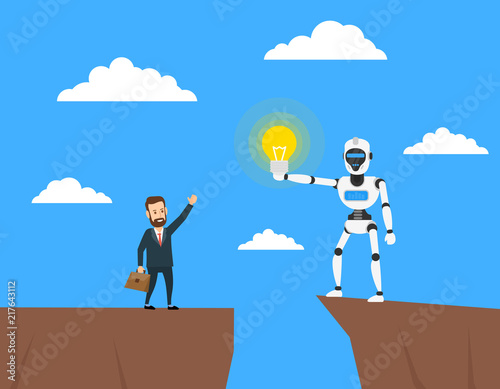 businessman look on robot humanoid with lightbulb on the rock