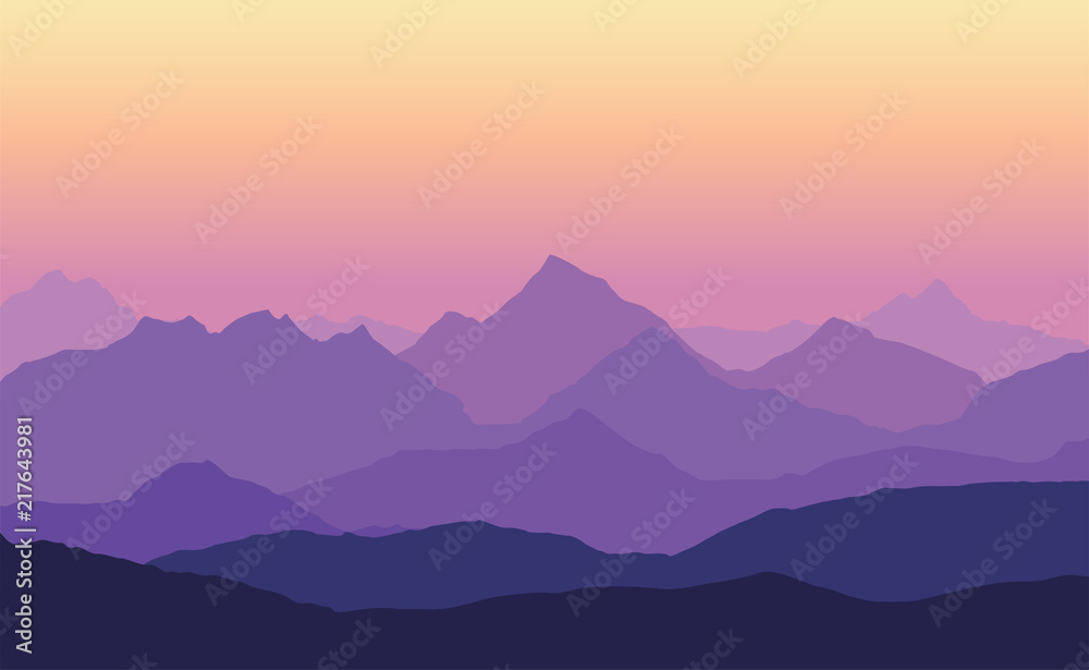 Vector illustration of mountain landscape with multiple layers, fog and yellow purple sky