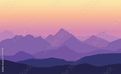 Vector illustration of mountain landscape with multiple layers, fog and yellow purple sky © Forgem