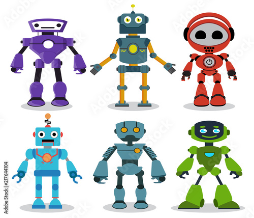 Robot toys vector cartoon characters set with modern and friendly looks for games and design elements isolated in white background. Vector illustration.
