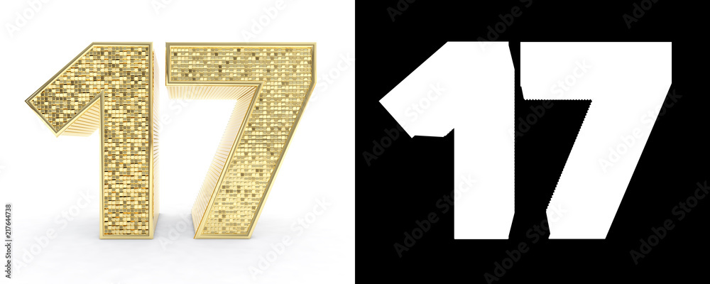 Fototapeta premium Golden number seventeen (number 17) on white background with drop shadow and alpha channel. 3D illustration