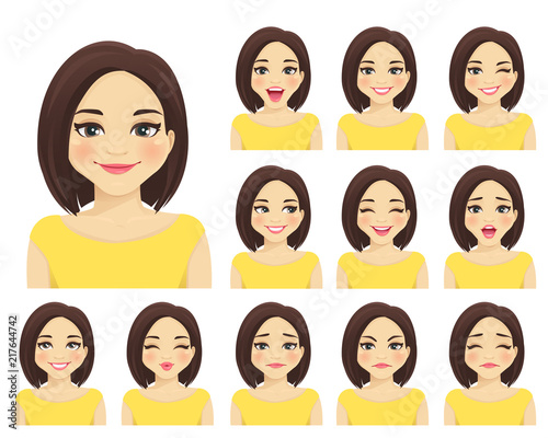Woman with different facial expressions set isolated
