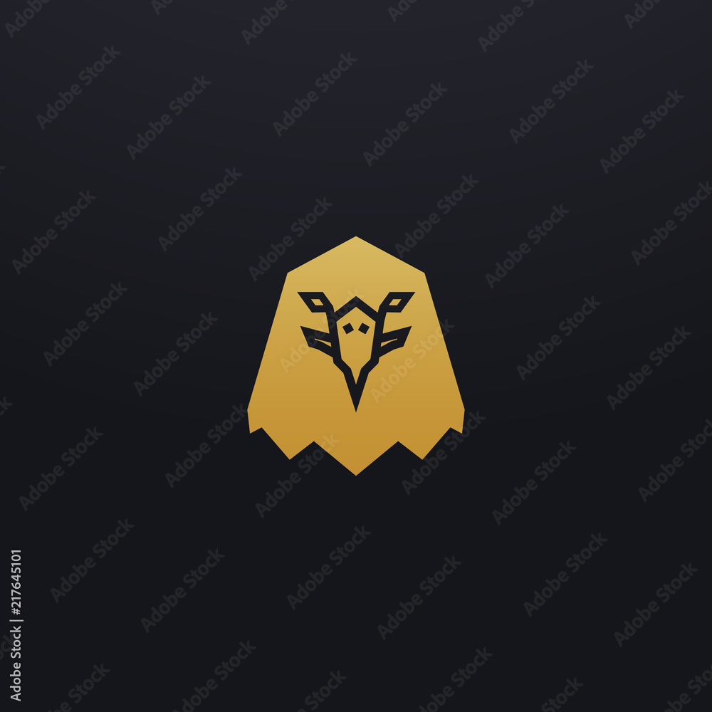 Stylized eagle head icon illustration. Vector glyph, tribal animal design with golden color