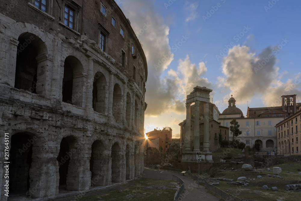 Beautiful sunset over Theatre of Marcellus in Rome, Italy