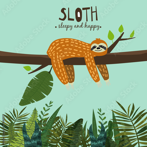 Cute funny sloth hanging on the tree. Sleepy and happy. Adorable hand drawn cartoon animal illustration. Vector cute sloth for greeting card, invites, poster, banner, t-shirt print, background