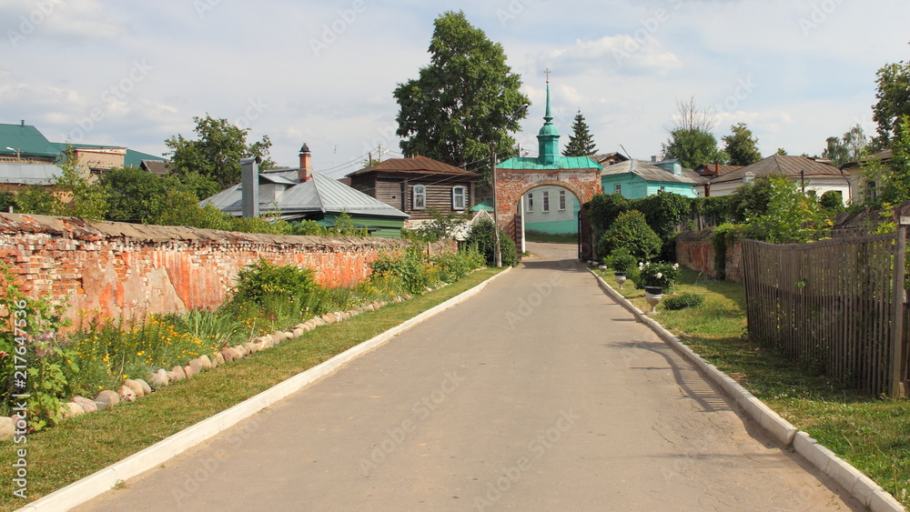 Russia, Mozhaisk Kremlin, region landmark - view from Novo-Nikolsky Cathedral to the main entrance on a summer day