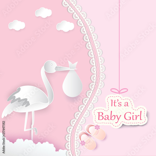 Fototapeta Naklejka Na Ścianę i Meble -  Paper art of stork with baby and cloud on pink background baby girl shower card paper cut style illustration