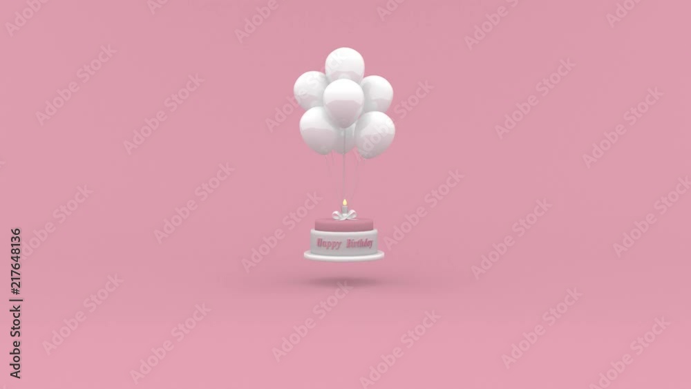 Happy Birthday cake with a candle hanging on balloons on pink background. Looping Birthday concept animation. Happy Birthday cake with a candle hanging on balloons on pink background. Looping Birthday concept animation.