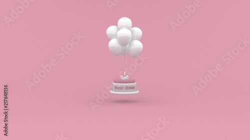 Happy Birthday cake with a candle hanging on balloons on pink background. Looping Birthday concept animation. 