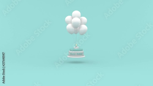 Happy Birthday cake with a candle hanging on balloons on blue background. Looping Birthday concept animation. 