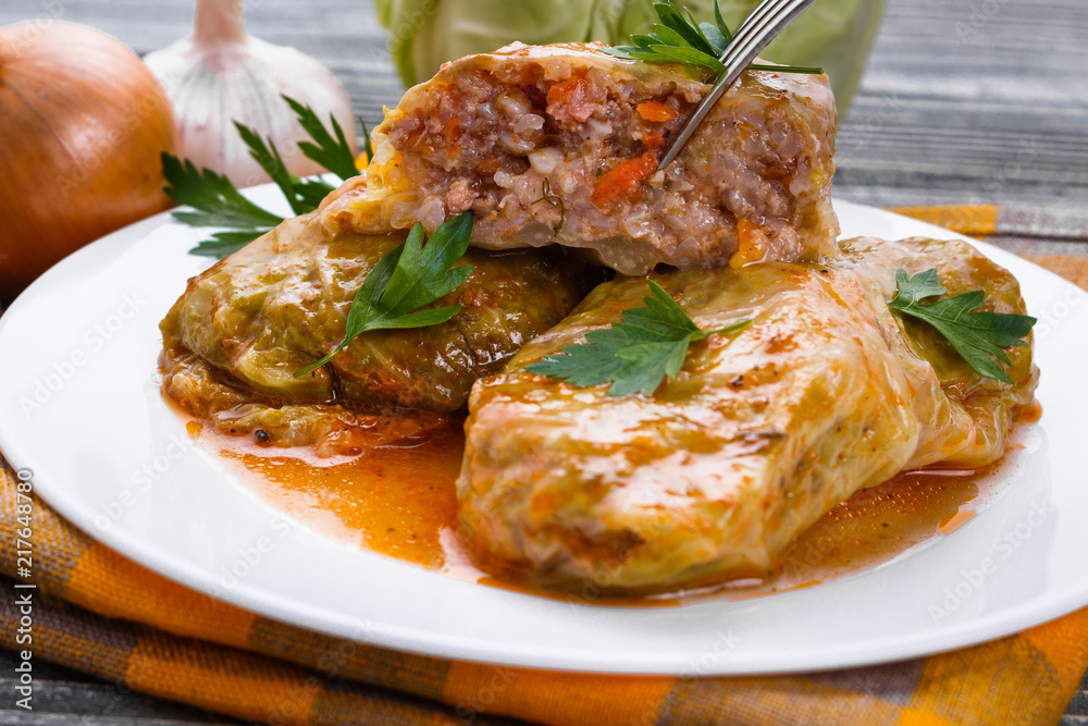 cabbage rolls on a wooden gray rustic background