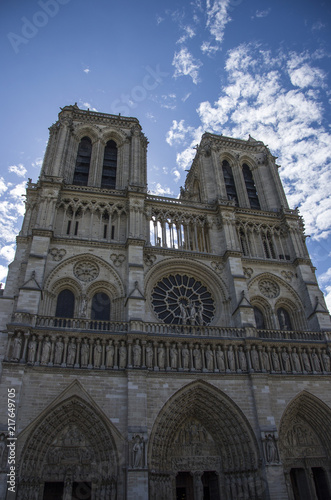 Notre Dame cathedral facade in Paris, France 