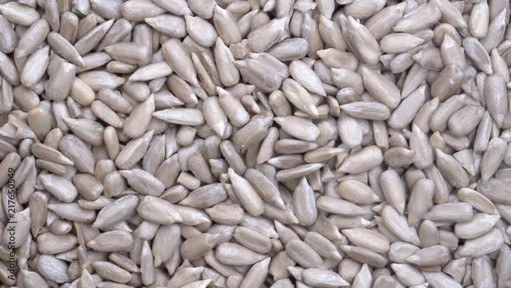 Peeled sunflower seeds close up rotation loopable 4k top view. Food background. Gastronomy concept, organic food. Macro sunflower seeds Peeled sunflower seeds close up rotation loopable 4k top view. Food background. Gastronomy concept, organic food. Macro sunflower seeds