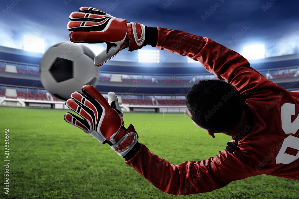 Fototapeta premium Soccer goalkeeper catches the ball