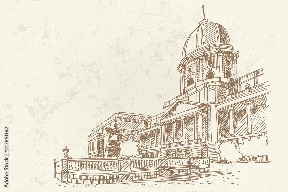Vector sketch of Royal palace in Budapest, Hungary.