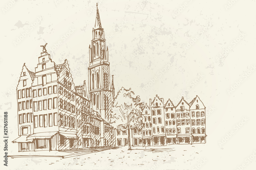 PVector sketch of  Famous fountain with Statue of Brabo in Grote Markt square in Antwerpen, Belgium.