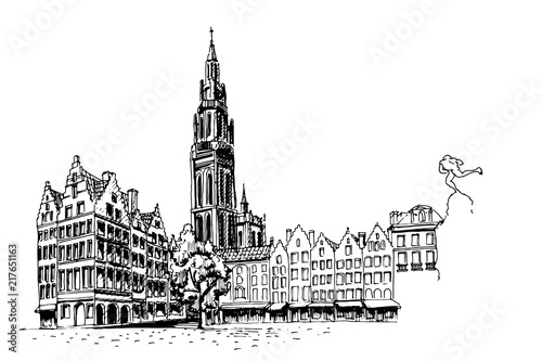 PVector sketch of  Famous fountain with Statue of Brabo in Grote Markt square in Antwerpen, Belgium.