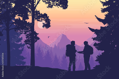 Two tourists, man and woman with backpacks together standing in the woods looking for a path on the map, mountain landscape with flying birds, purple sky, rising sun and clouds