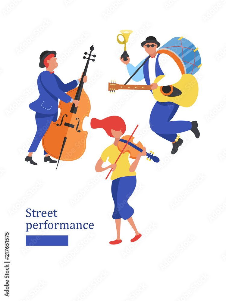 Street musician. Man band, violinist, bass player. Street performance. Vector illustration in flat style. Street musician. Man band, violinist, bass player. Street performance. Vector illustration in flat style.