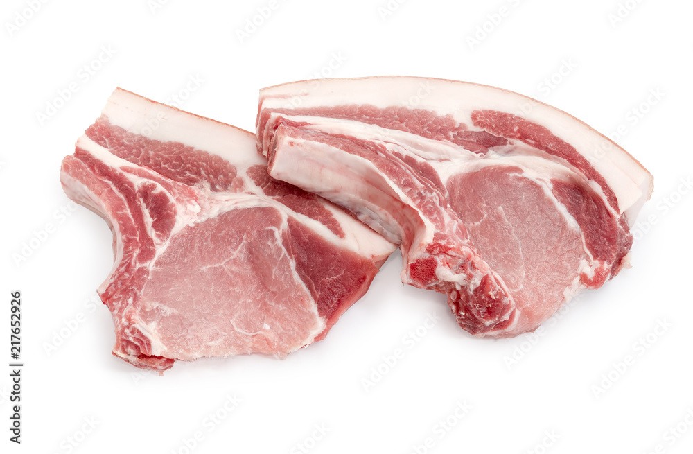 Uncooked pork loin chops bone on a white background