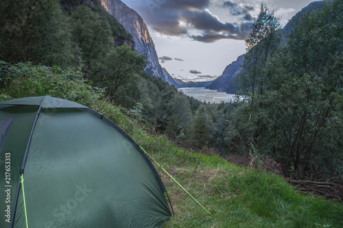Wild Camping in Norway with a tent by the fjords and the mountains © iammattdoran