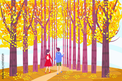 Autumn alley, two guy and girl characters walking along the path in the park, fall, autumn leaves, mood, color, vector, illustration, cartoon style, isolated