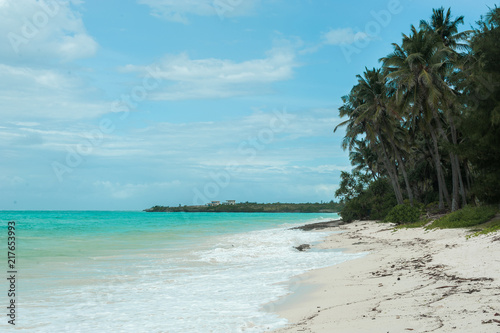 Fototapeta Naklejka Na Ścianę i Meble -  Turquoise waves of the Indian ocean run on the white beach of the island of Zanzibar