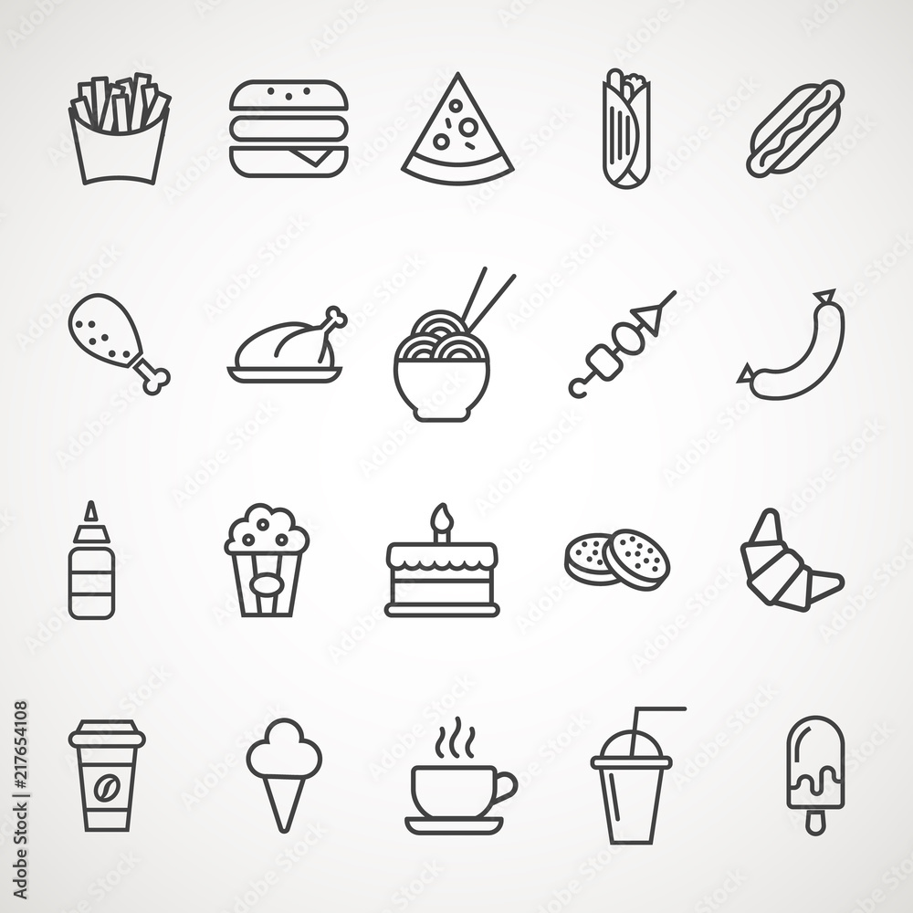 Fast Food icons set. Flat Simple Icon - Gray Illustration on White Background