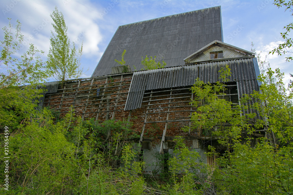The ruins of an abandoned sanatorium of the times of the Soviet Union in middle of a dense forest. Destruction and vandalism. Broken construction stone construction. The building is lost in forest