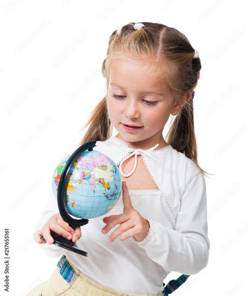 Curious little girl with globe isolated on a white background Curious little girl with globe isolated on a white background