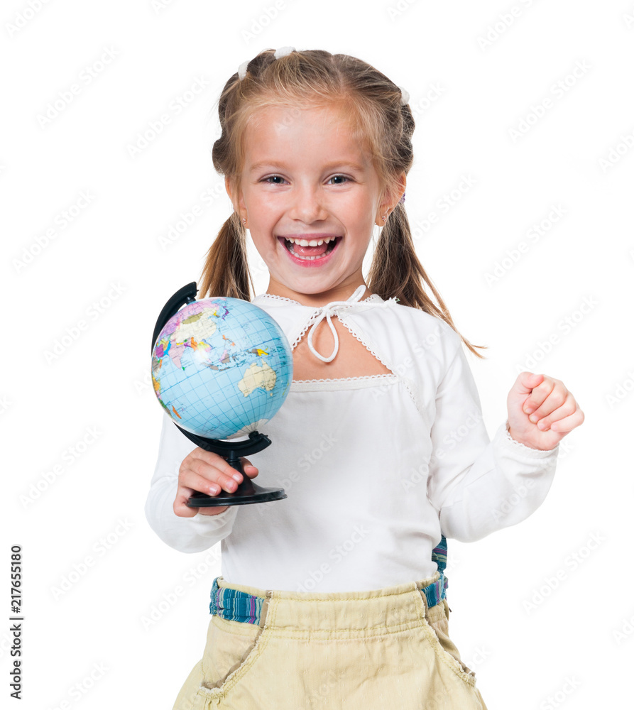 Smiling little girl with globe isolated on a white background Smiling little girl with globe isolated on a white background