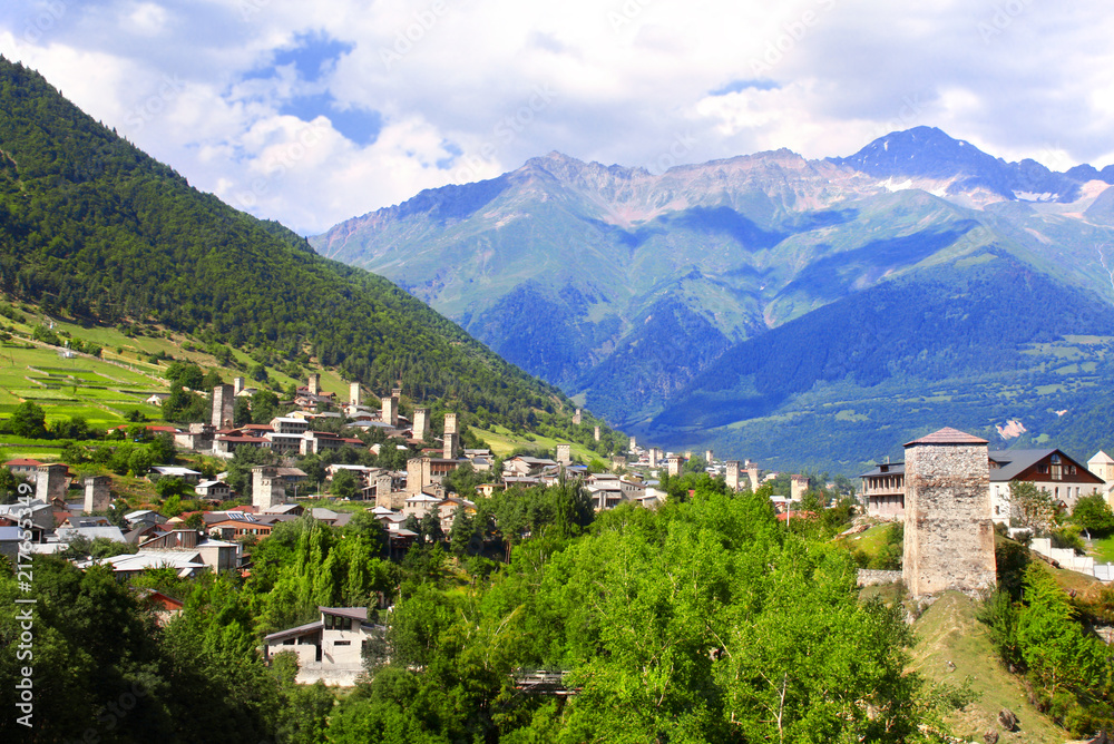 Obraz premium Ancient stone Svanetian towers, Mestia, Georgia