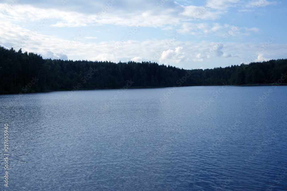 Beautiful tranquil landscape with small forest lake and trees on the shore Beautiful tranquil landscape with small forest lake and trees on the shore