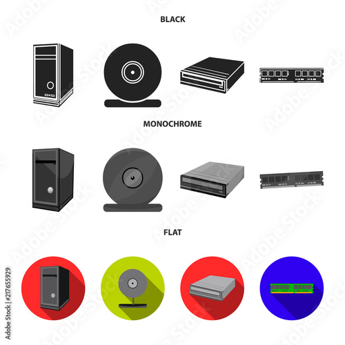 System unit, memory card and other equipment. Personal computer set collection icons in black, flat, monochrome style vector symbol stock illustration web.