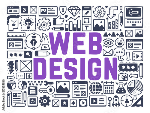 Web Design, Webdesign Development, Creating Webpage - Illustration with Hand Drawn Icons.