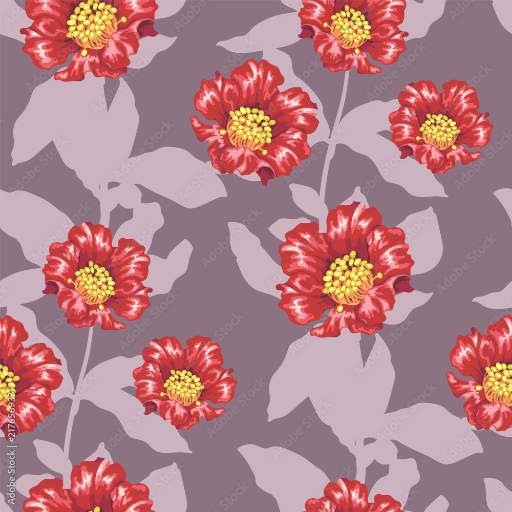 Seamless vector patternwith bright pomegranate blooming flowers and silhouettes of branches