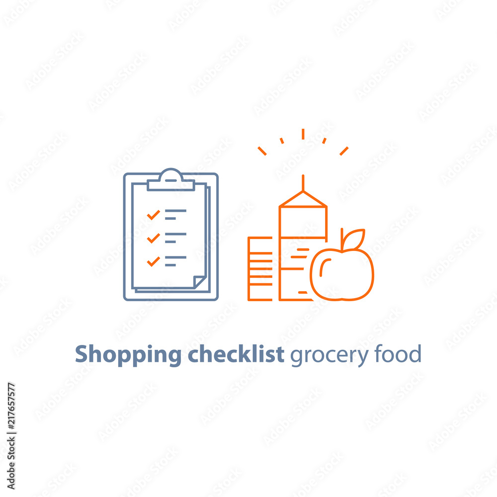 Store food and drink order, grocery special offer promotion, checklist and clipboard vector line icon