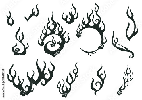 fire or flame element Chinese oriental ornament tattoo style free hand drawing illustration vector set
