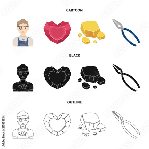 Jeweler, pliers, gold ore, garnet in the form of heart. Precious minerals and jeweler set collection icons in cartoon,black,outline style vector symbol stock illustration web.