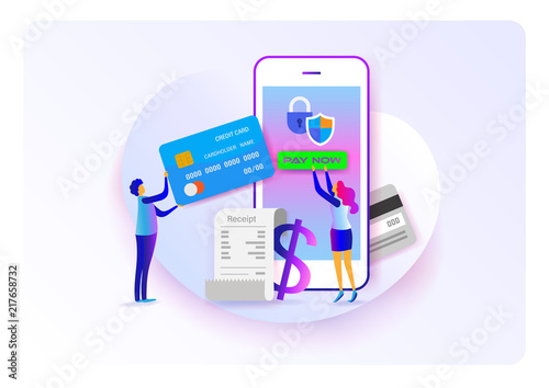 Online payment. Pay on mobile. Flat cartoon miniature. background presentation. Vector illustration.